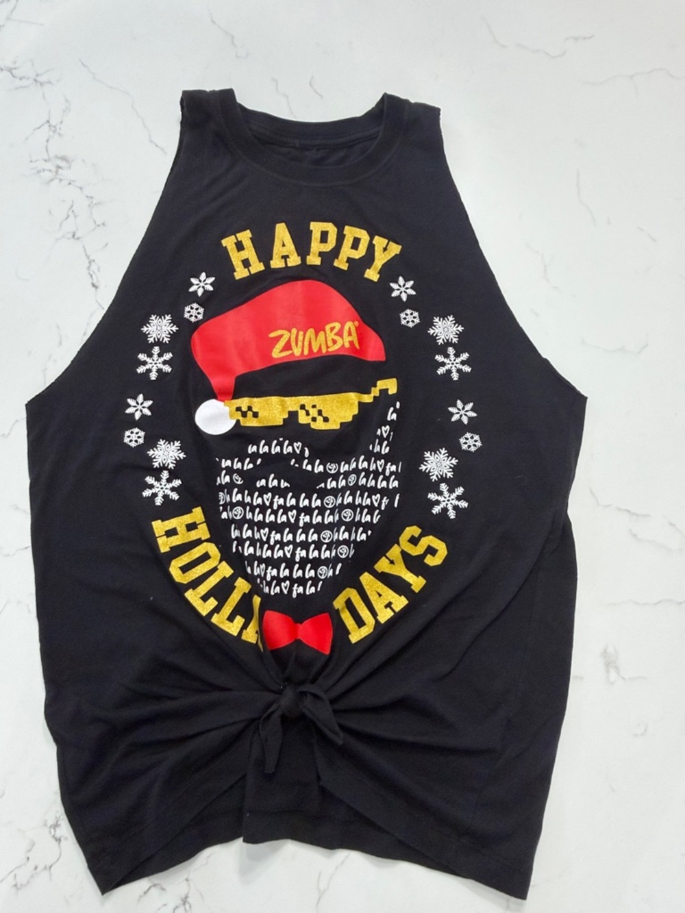 Zumba Fitness Black Holiday Graphic Tank with Red Santa Hat and Yellow Accents